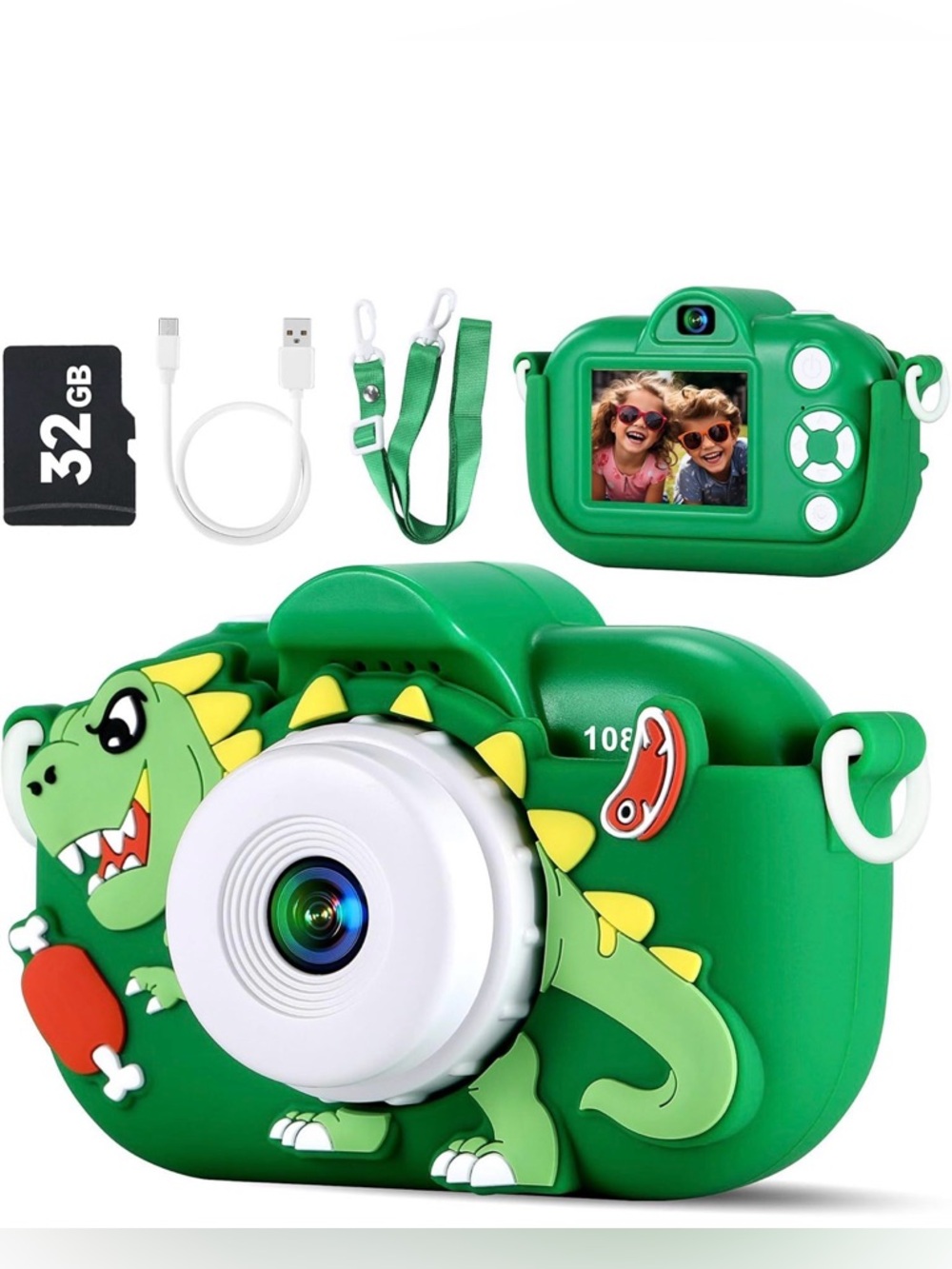 Green Dinosaur Kids Digital Camera with 32GB Card and USB